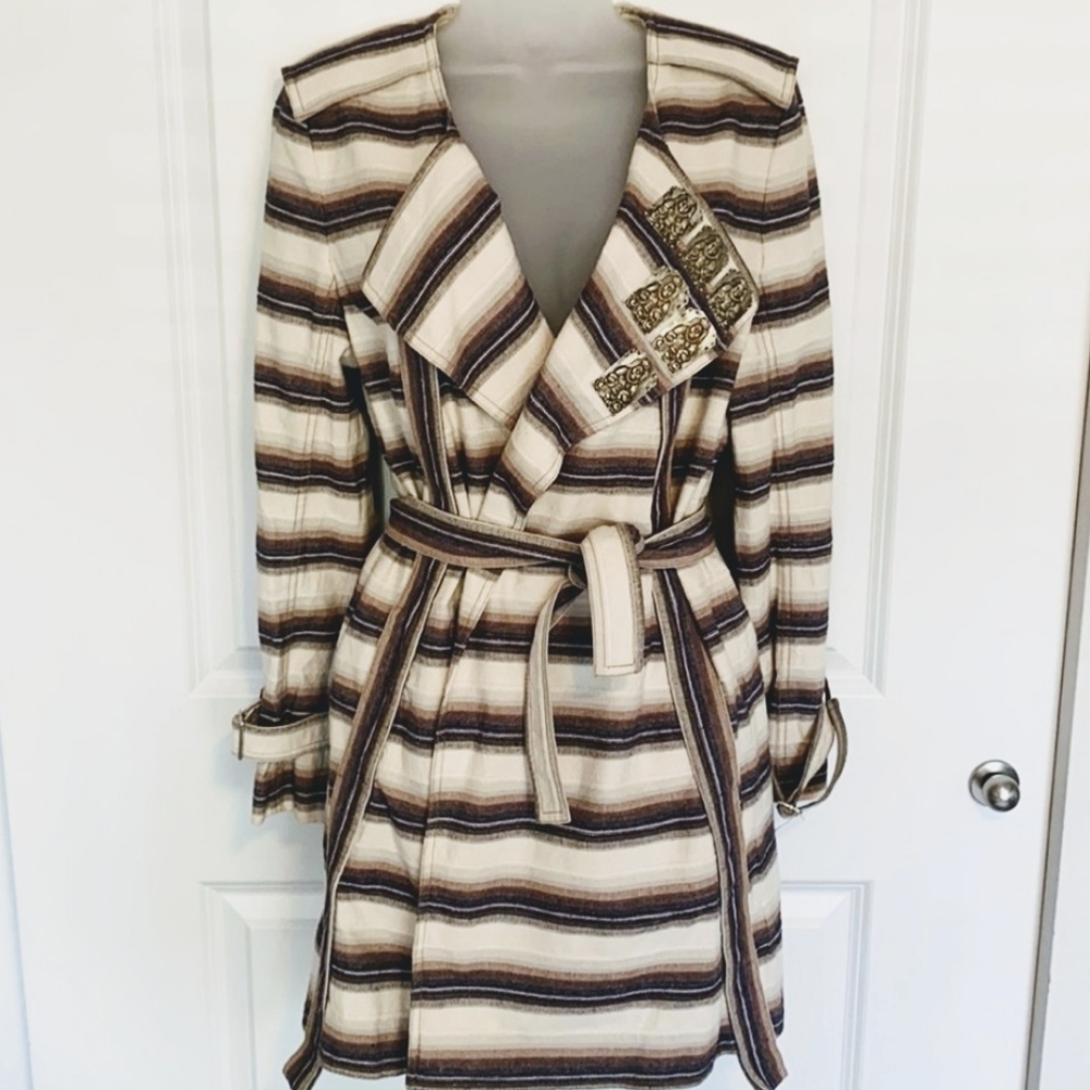 Vivienne Tam Trench Coat Striped Linen Blend Buddha Metal Plates 4